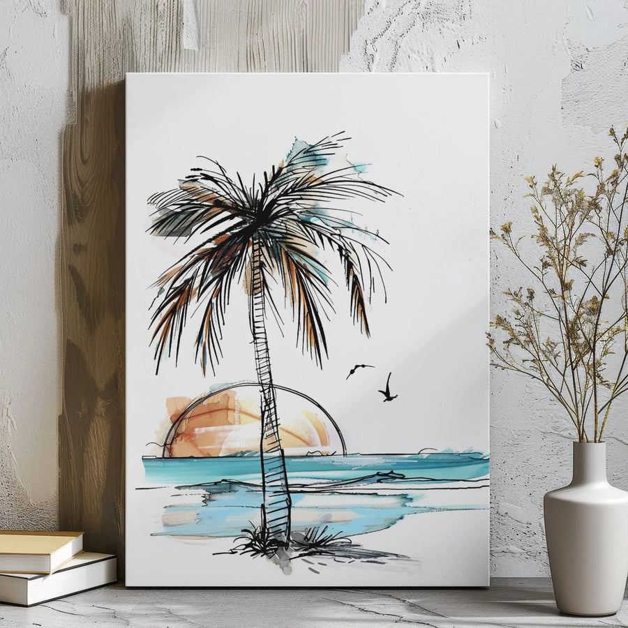 Palm Tree Canvas Print | Minimalist Watercolor Beach Sunset Art | Gallery Wrapped Premium Wall Decor | Coastal Boho Home Office Gift