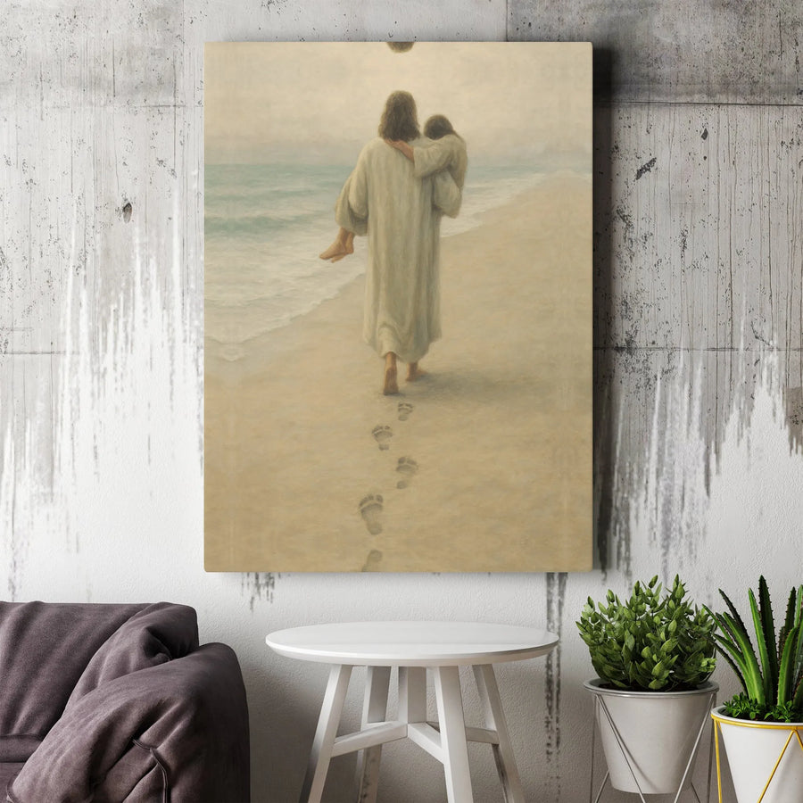 Footprints In The Sand Canvas Art | Jesus Carrying Person Beach Print | Premium Gallery Wrap Wall Decor | Religious Christian Gift For Home