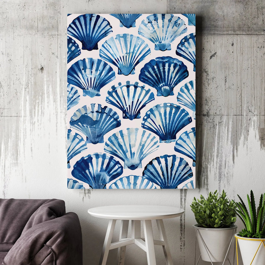 Blue Seashell Canvas Wall Art | Watercolor Scallop Shell Pattern | Premium Gallery-Wrapped Print | Coastal Beach House Decor