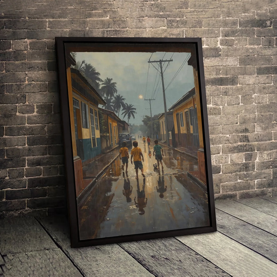 Tropical Street Soccer Canvas Art | Nostalgic Rainy Village Scene | Premium Gallery-Wrapped Print | Meaningful Childhood Memory Home Decor Gift