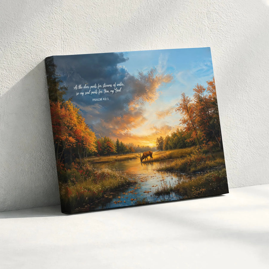 Psalm 42:1 Canvas Wall Art | Deer in Autumn Forest Landscape | Premium Gallery Wrapped Canvas | Inspirational Christian Home Decor Gift