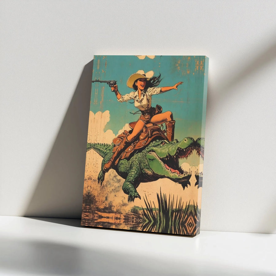 Vintage Cowgirl Riding Alligator Canvas | Retro Western Swamp Wall Art | Premium Gallery Wrapped Print | Unique Southern Home Decor Gift