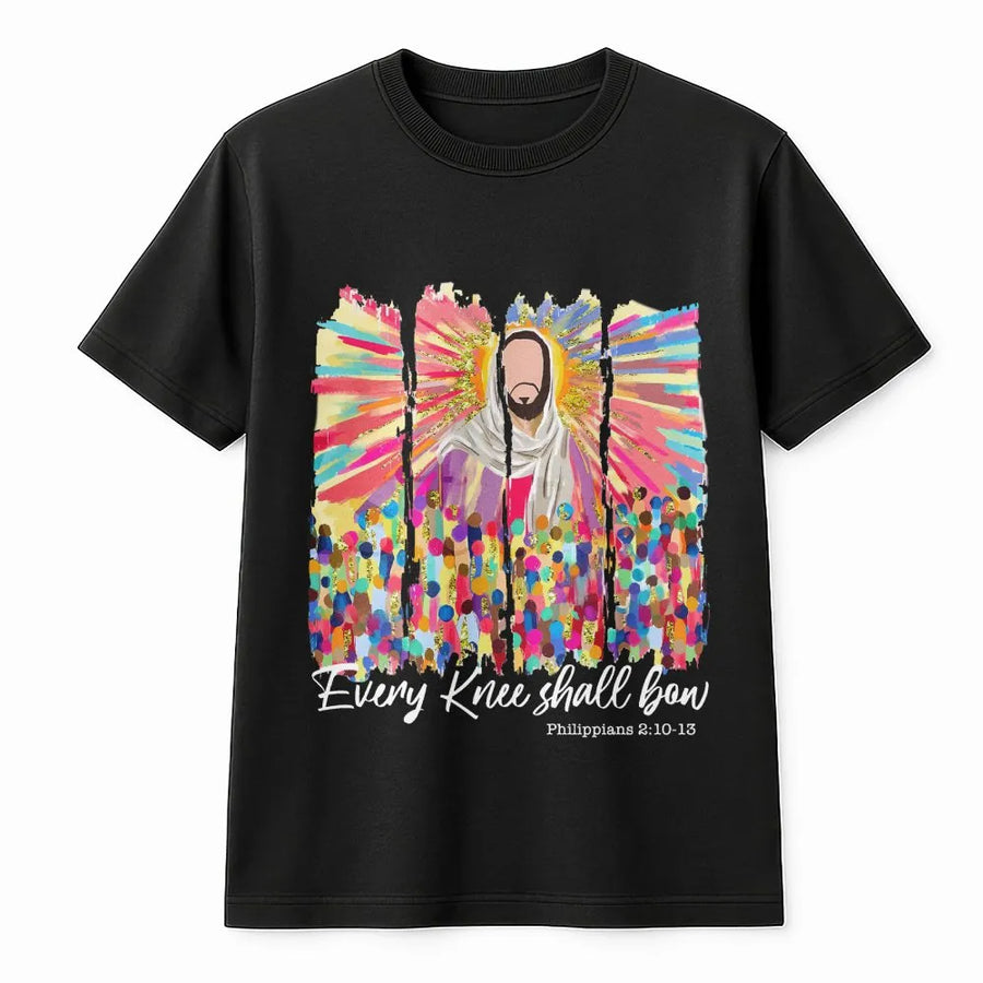 Every Knee Shall Bow T-Shirt | Jesus Christ Colorful Artistic Faith Graphic | 100% Cotton Premium Tee | Christian Religious Gift for Men and Women