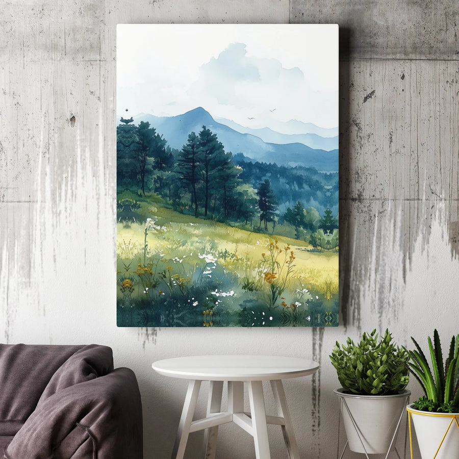 Watercolor Mountain Landscape Canvas | Wildflower Meadow Pine Forest Wall Art | Premium 1.25-Inch Gallery Wrap | Nature Home Decor Gift