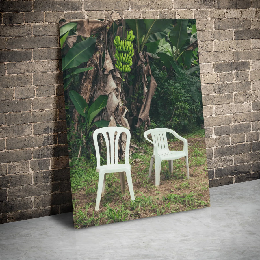 Tropical Banana Tree Canvas Wall Art | Whimsical Plastic Chair Garden Scene | Premium Gallery-Wrapped Print | Unique Nature Home Decor Gift