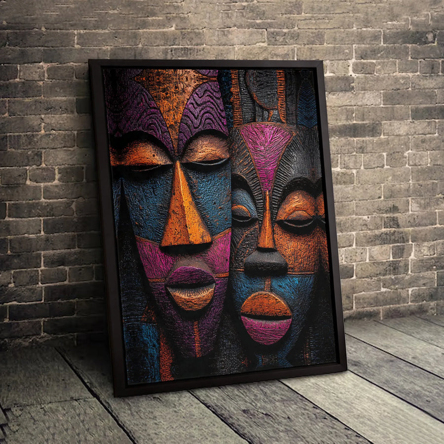 African Mask Canvas Wall Art | Colorful Textured Abstract Tribal Decor | Premium Gallery Wrap Print | Cultural Living Room Home Gift