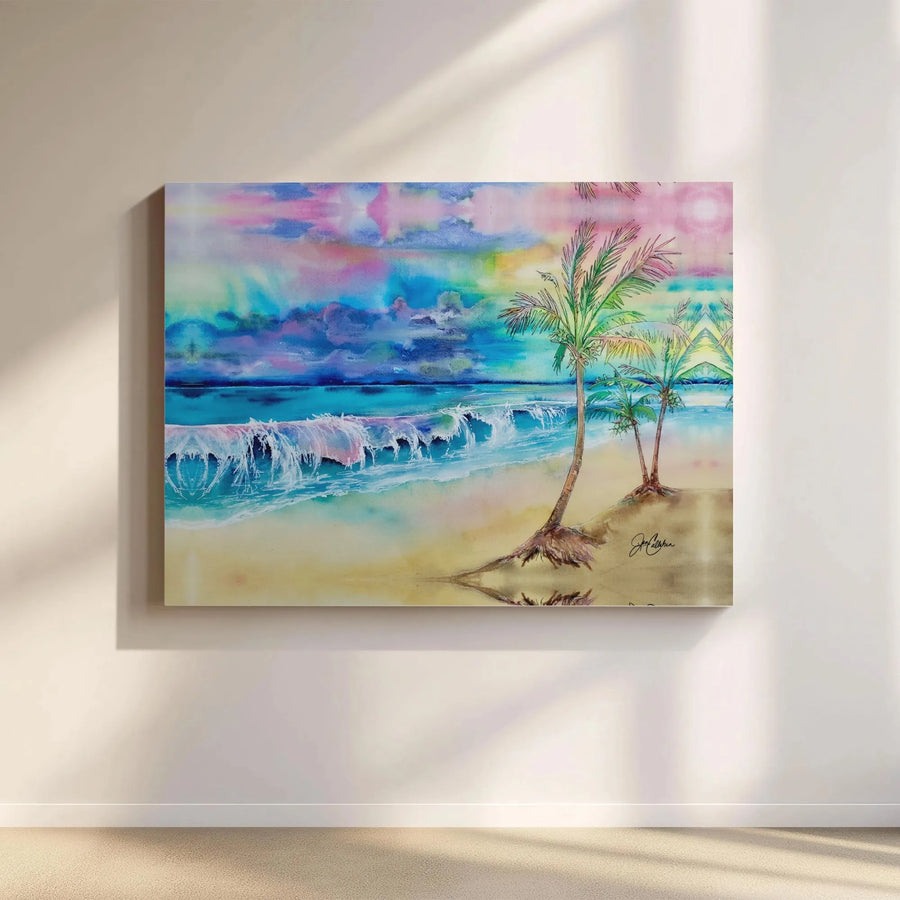 Tropical Beach Canvas Wall Art | Vibrant Watercolor Ocean Sunset | Premium Gallery Wrapped Canvas | Coastal Home Decor Gift