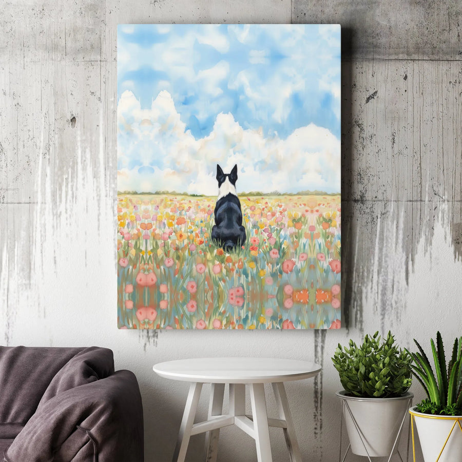 Boston Terrier Canvas Wall Art | Watercolor Dog in Flower Meadow | Premium Gallery Wrap Print | Gift for Dog Lover, Modern Pet Decor