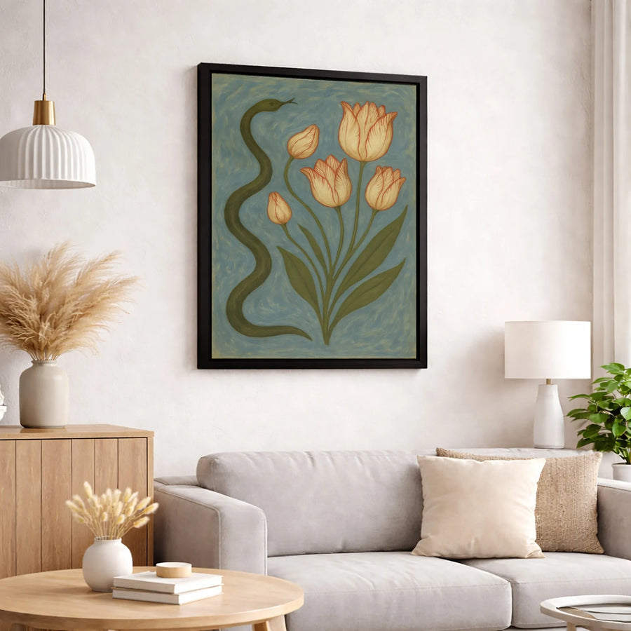 Snake and Tulip Flower Canvas Wall Art | Botanical Serpent Illustration | Premium Gallery Wrapped Print | Nature Inspired Home Decor Gift