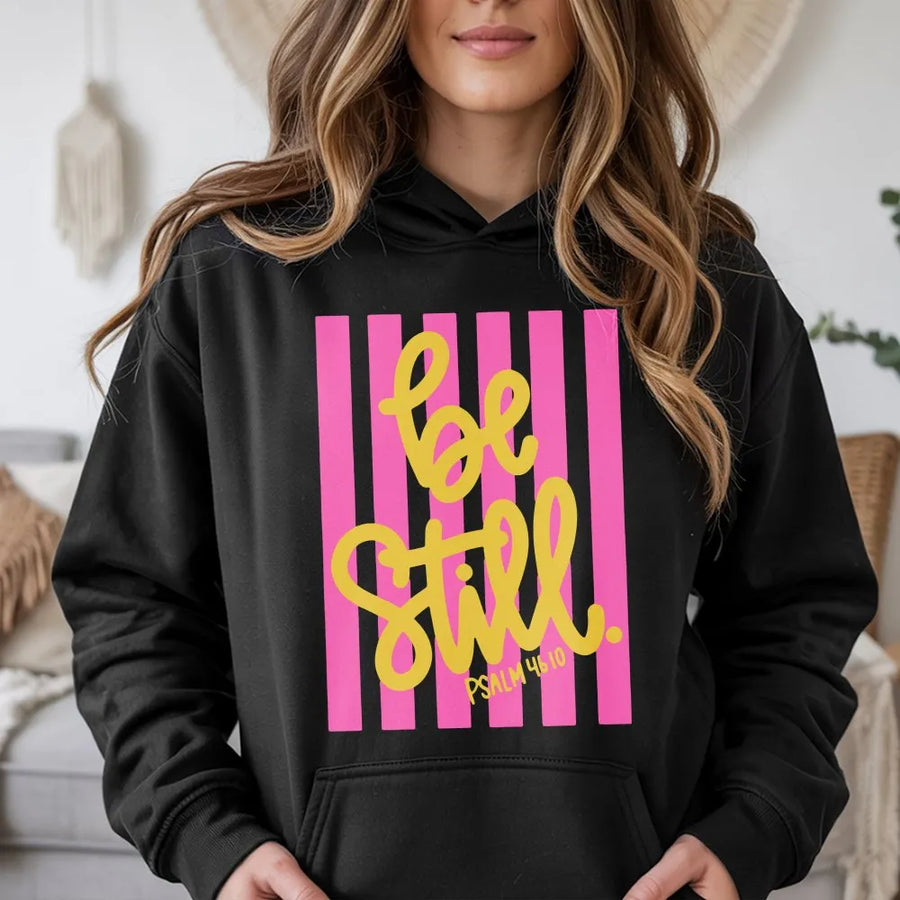 Be Still Psalm 46:10 Hoodie | Coquette Aesthetic Pink Stripe Graphic | Premium Soft Cotton Tee | Christian Faith Gift for Women