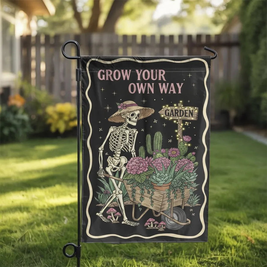 Skeleton Gardener Flag | Grow Your Own Way Skull Illustration | Double Sided Weatherproof Yard Art | Funny Goth Gardener Gift