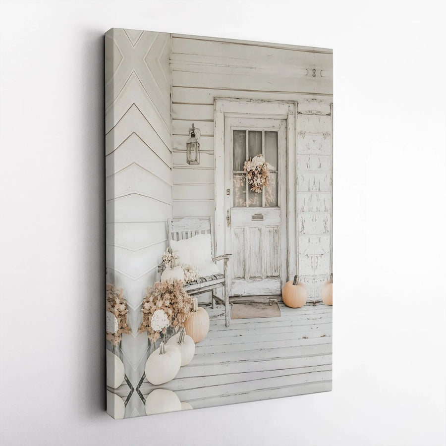 Rustic Farmhouse Canvas Print | Fall Front Porch White Pumpkins | 1.25" Premium Gallery Wrapped Wall Art | Seasonal Home Decor Gift