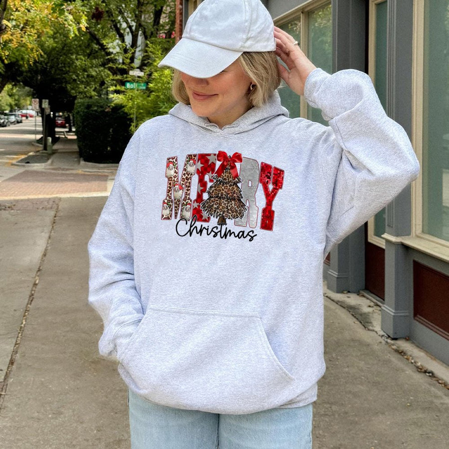 Merry Christmas Leopard Print Hoodie | Festive Santa Tree Graphic | Soft Cotton-Blend Pullover | Cozy Holiday Gift for Women and Men