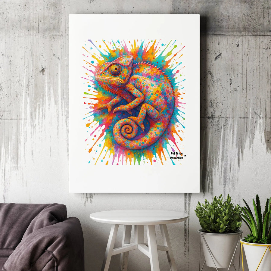 Chameleon Wall Art Canvas | Colorful Watercolor Splatter Print | Gallery Wrap Premium Decor | Reptile Lover Gift Idea