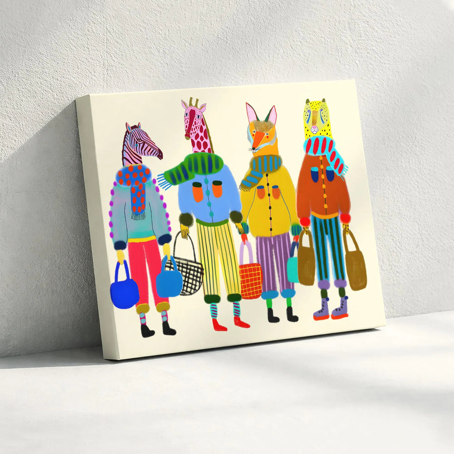 Whimsical Animal Friends Wall Art | Colorful Winter Shopping Illustration | Premium 1.25-Inch Thick Canvas | Nursery Decor & Unique Home Gift
