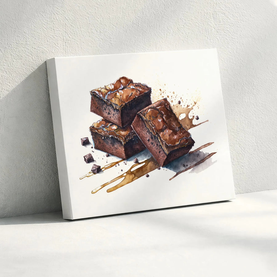 Chocolate Brownie Canvas Wall Art | Watercolor Dessert Painting | Premium Gallery Quality Print | Kitchen & Bakery Decor Gift for Foodie
