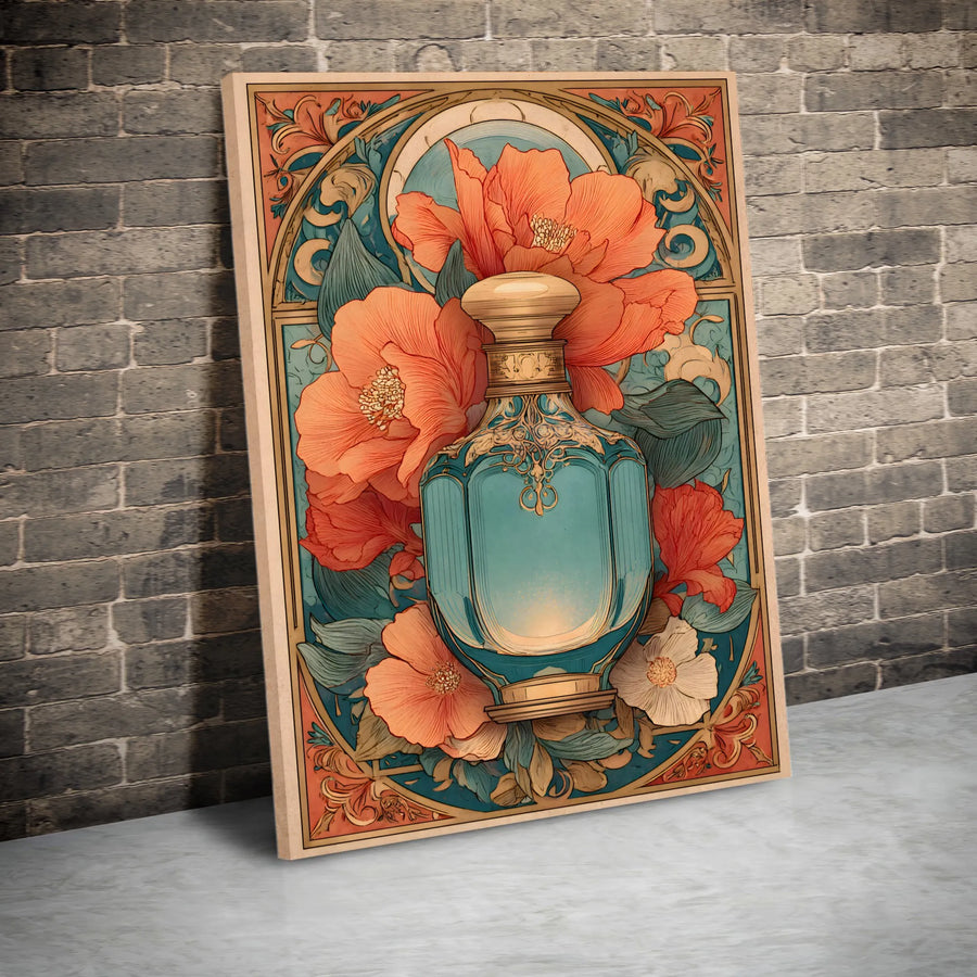 Art Nouveau Perfume Bottle Canvas | Vintage Floral Wall Art | Premium Gallery-Wrapped Print | Elegant Botanical Home Decor
