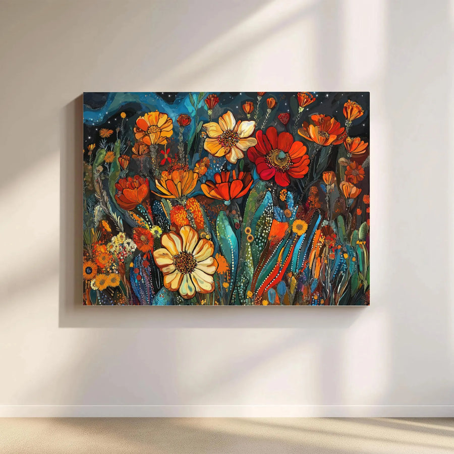 Wildflower Field Canvas Wall Art | Abstract Floral Night Sky Print | Premium Gallery-Wrapped Gallery Quality | Modern Home Decor Gift