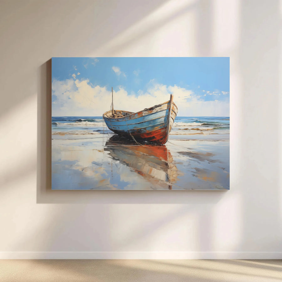 Coastal Boat Canvas Wall Art | Impressionist Seascape Painting Print | Premium Gallery Wrapped Canvas | Beach House Wall Decor Gift