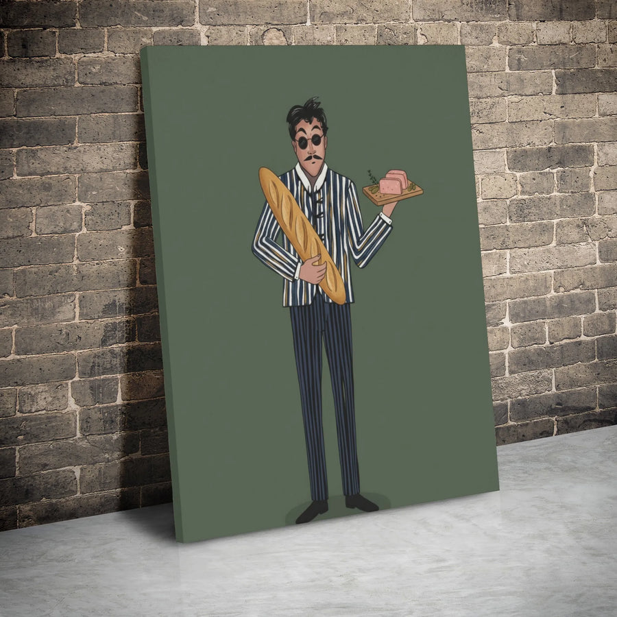 French Man With Baguette Canvas Art | Quirky Bistro Kitchen Wall Decor | Premium Gallery Wrap Print | Whimsical Foodie Gift Idea