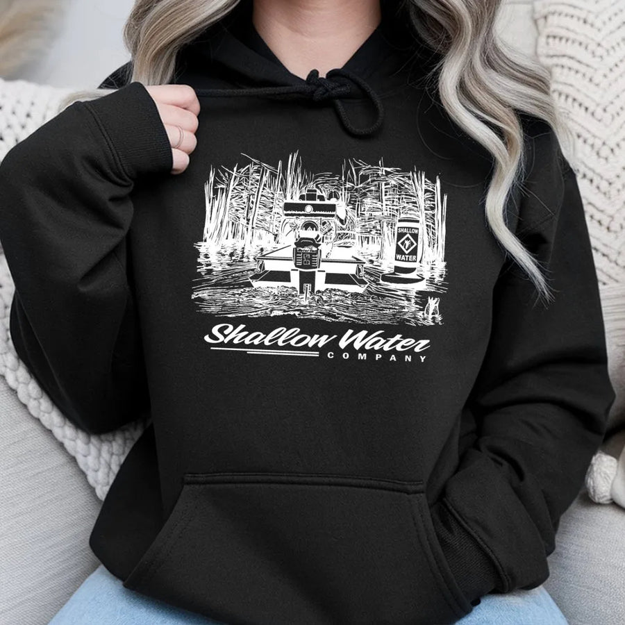 Shallow Water Boat Hoodie | Swamp Boating Graphic Design | Premium Cotton Blend | Gift for Angler and Outdoorsman