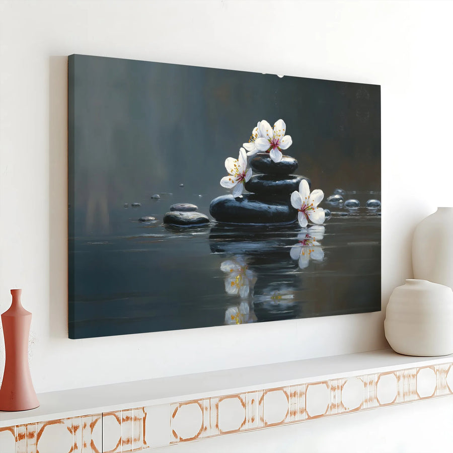 Zen Stone Canvas Wall Art | White Cherry Blossom Spa Decor | 1.25 Inch Gallery Wrap | Calming Nature Print for Home Office