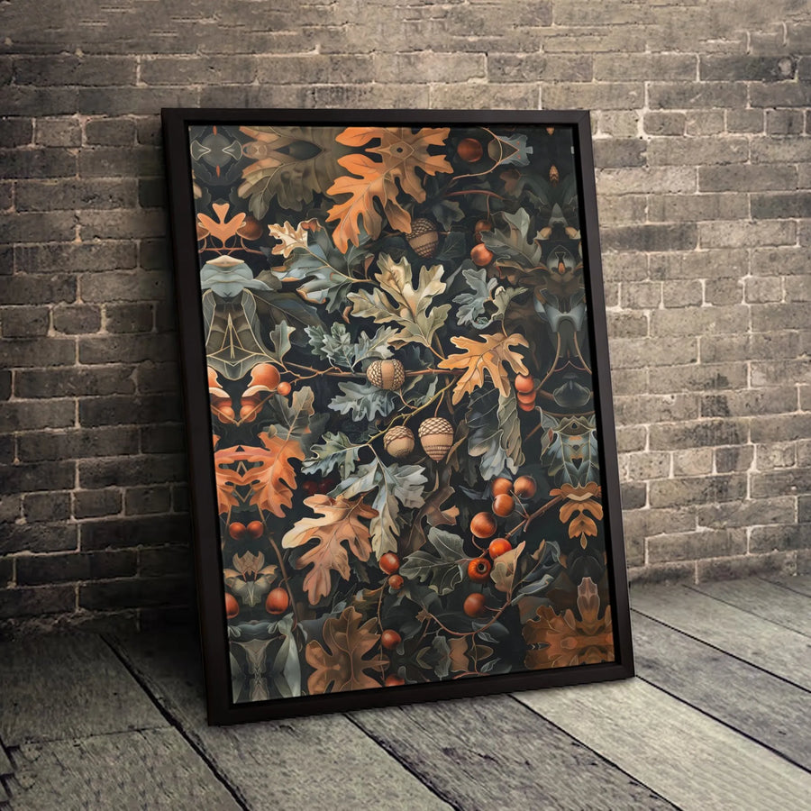 Autumn Oak Leaves Canvas Wall Art | Botanical Acorn and Berry Pattern | Premium Fade-Resistant Print | Fall Home Decor for Living Room