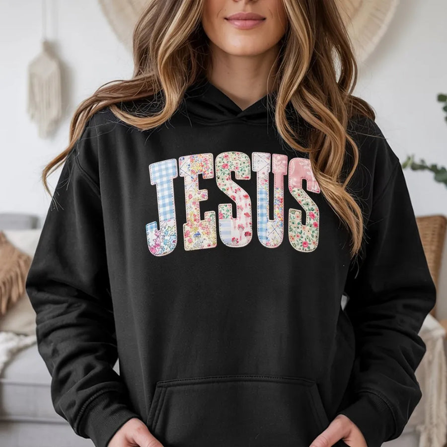 Jesus Hoodie | Floral Gingham Patchwork Letters | Premium Soft Cotton | Christian Faith Gift for Women