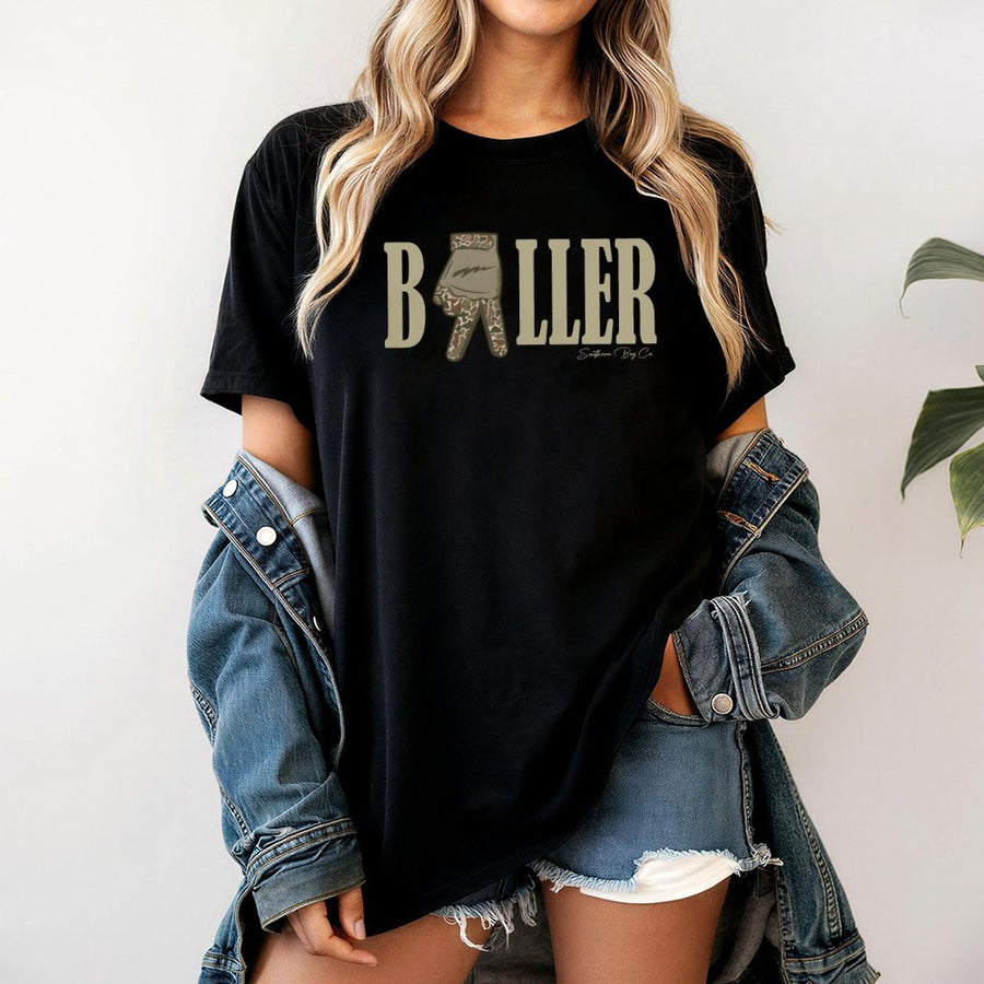 Baller Camo Hand Sign Graphic T-Shirt | Sporty Aesthetic Streetwear | Premium 100% Cotton Tee | Gift for Athletes and Sports Fans
