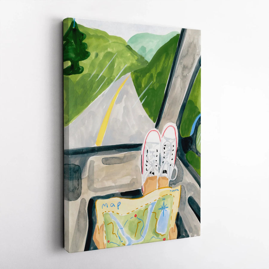 Road Trip Adventure Canvas Print | Watercolor Passenger View Wall Art | Premium Gallery Wrapped Canvas | Wanderlust Gift for Traveler Home Decor