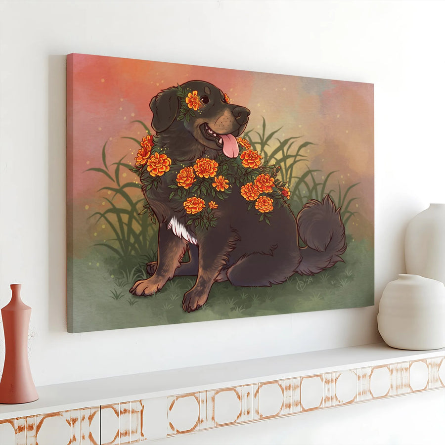 Marigold Dog Canvas Print | Day of the Dead Pet Memorial Art | Thick Gallery Wrapped Canvas | Unique Gift for Dog Lover & Pet Owners