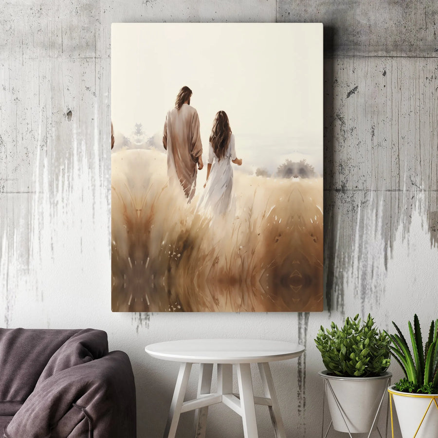 Jesus Walking With Child Canvas Print | Religious Field Landscape Art | Premium Gallery Wrapped Wall Decor | Christian Home Gift For Faith