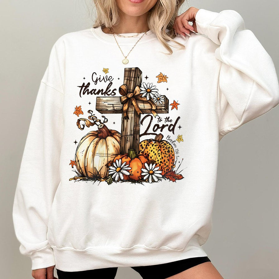 Give Thanks To The Lord Sweatshirt | Christian Faith Fall Pumpkin Graphic | Premium Cotton-Poly Blend | Religious Autumn Gift For Her