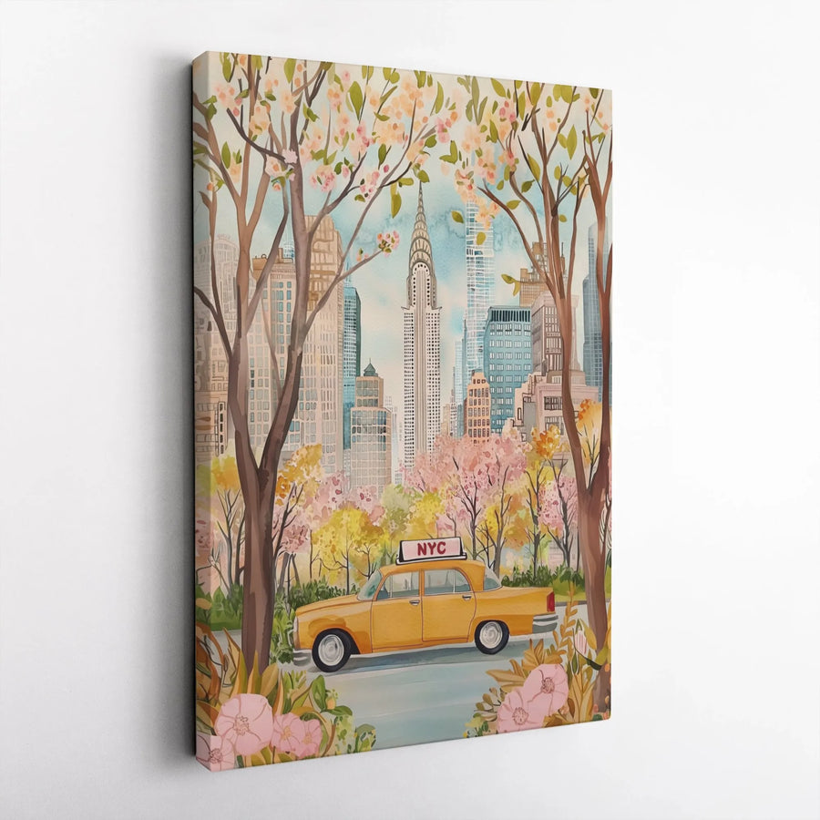 NYC Canvas Wall Art | Watercolor Yellow Taxi & Cherry Blossoms | Premium Gallery Wrap Print | Romantic New York City Home Decor Gift