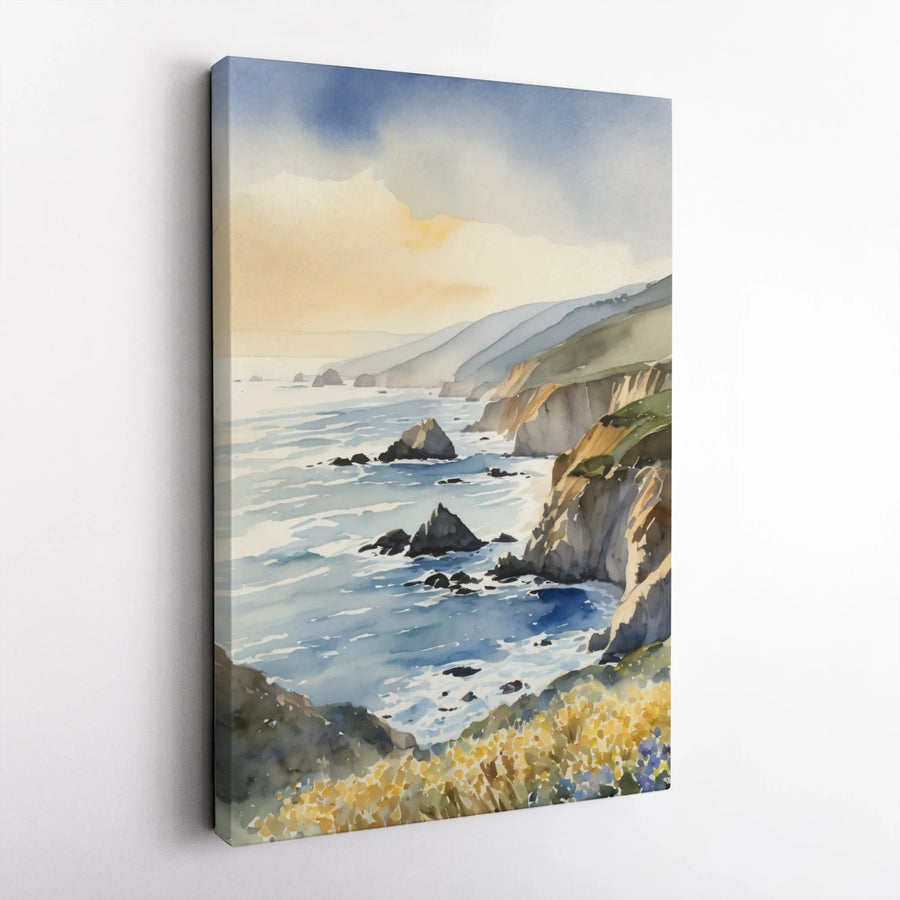 Coastal Landscape Canvas Print | Watercolor Rocky Shoreline Wall Art | Premium Gallery Wrap Decor | Nature Lover's Serene Home Gift