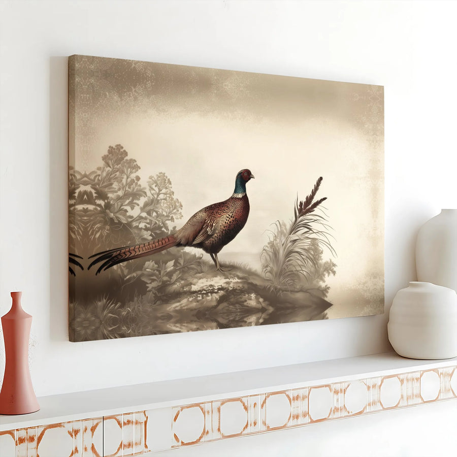 Vintage Pheasant Bird Horizontal Canvas | Antique Wildlife Illustration Print | Premium 1.25” Gallery Stretched Canvas | Rustic Cabin Decor Gift for Nature Lovers