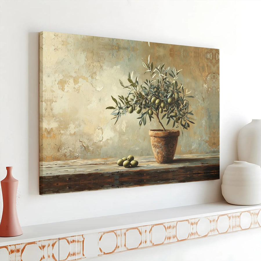 Olive Tree Canvas Wall Art | Rustic Still Life Botanical Print | 1.25" Gallery Wrap Premium Canvas | Mediterranean Kitchen Home Decor Gift