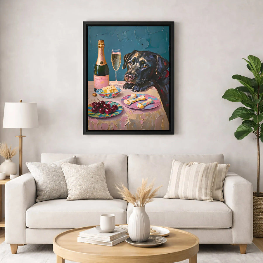 Black Labrador Canvas Wall Art | Whimsical Dog Dining With Champagne Painting | Premium Gallery Wrap Print | Unique Gift For Dog Lovers & Pet Owners