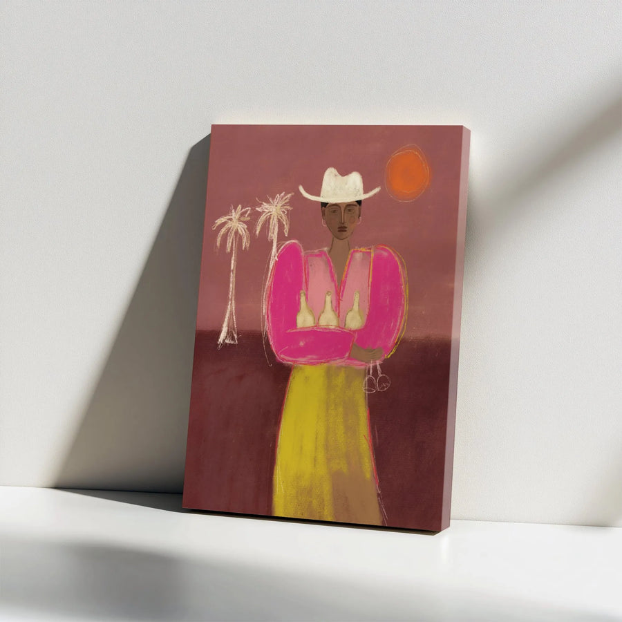 Boho Cowboy Woman Canvas Art | Abstract Wine Lover Wall Decor | Premium Gallery Wrap Print | Modern Western Home Decor Gift