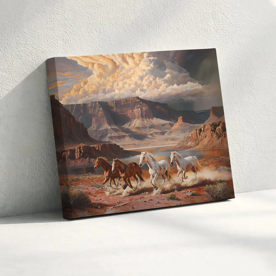 Wild Horses Canvas Wall Art | Galloping Canyon Desert Landscape | Premium Gallery Wrapped Print | Western Home Decor Gift