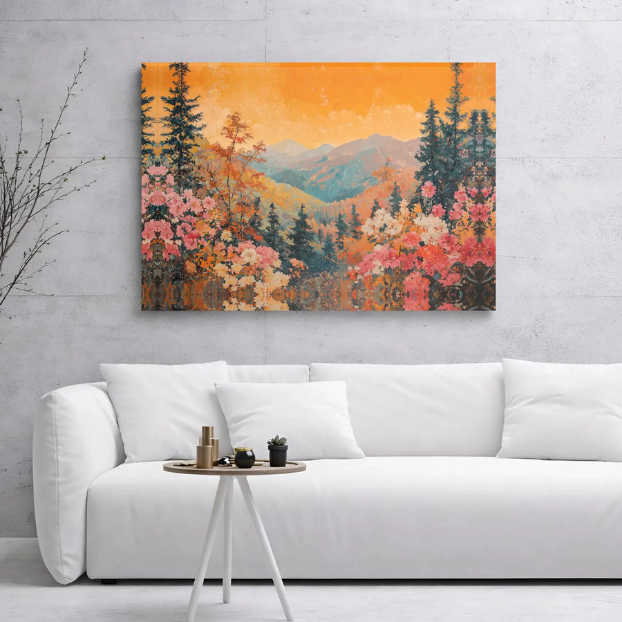 Autumn Mountain Valley Canvas Print | Impressionist Forest Landscape with Flowers | Premium Gallery-Wrapped Wall Art | Nature-Inspired Home Decor