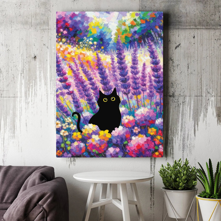Black Cat Wall Art | Impressionist Lavender Field Print | Premium 1.25" Gallery Wrapped Canvas | Whimsical Animal Decor Gift for Cat Lovers