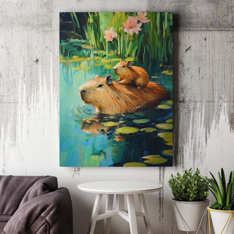 Capybara Wall Art Canvas Print | Mother and Baby in Lily Pond Painting | Premium Gallery Wrapped Canvas | Gift for Animal Lover, Nursery Decor