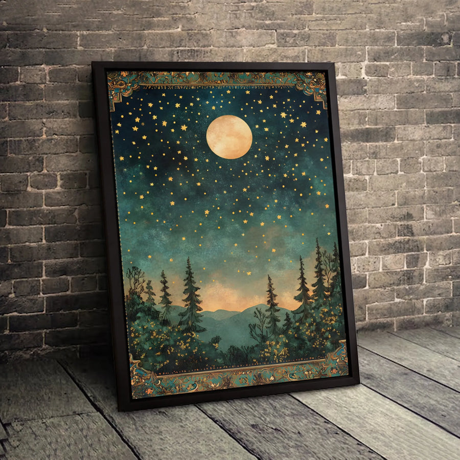 Celestial Night Sky Canvas Art | Ornate Gold Border Full Moon Landscape | Premium Gallery-Wrap Wall Decor | Whimsical Nature Lover Gift