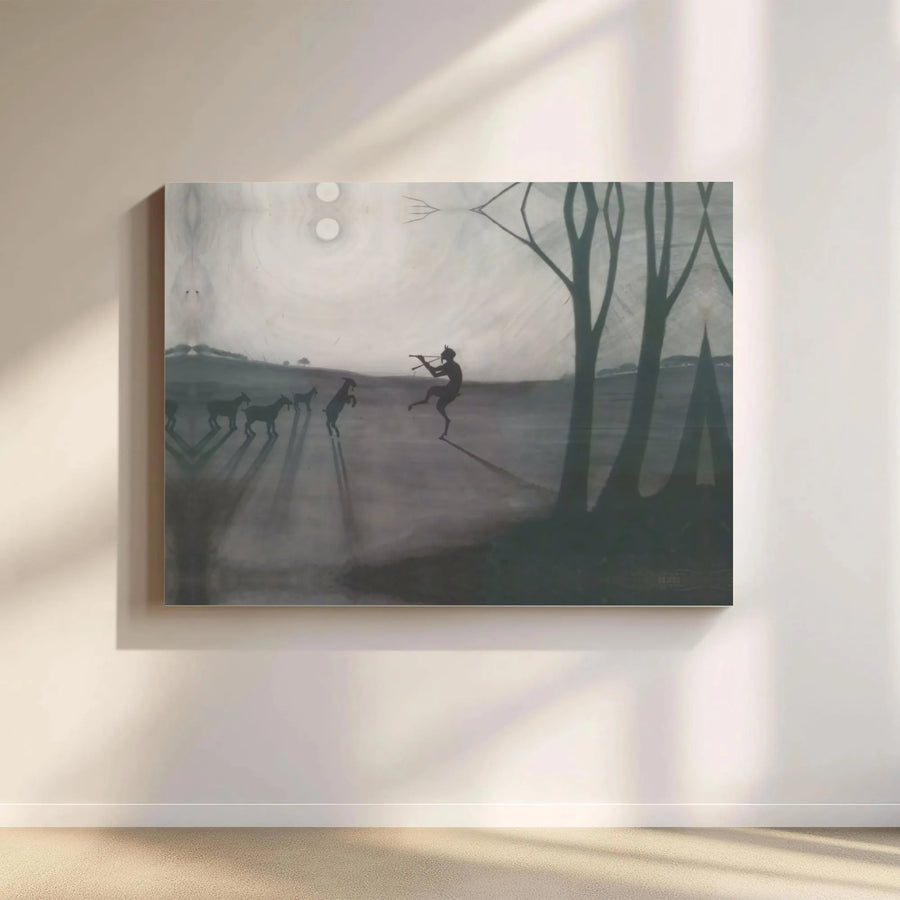 Faun Playing Flute Canvas Print | Mythical Forest Silhouette | Premium Gallery Wrapped Decor | Whimsical Nature Wall Art for Home Office