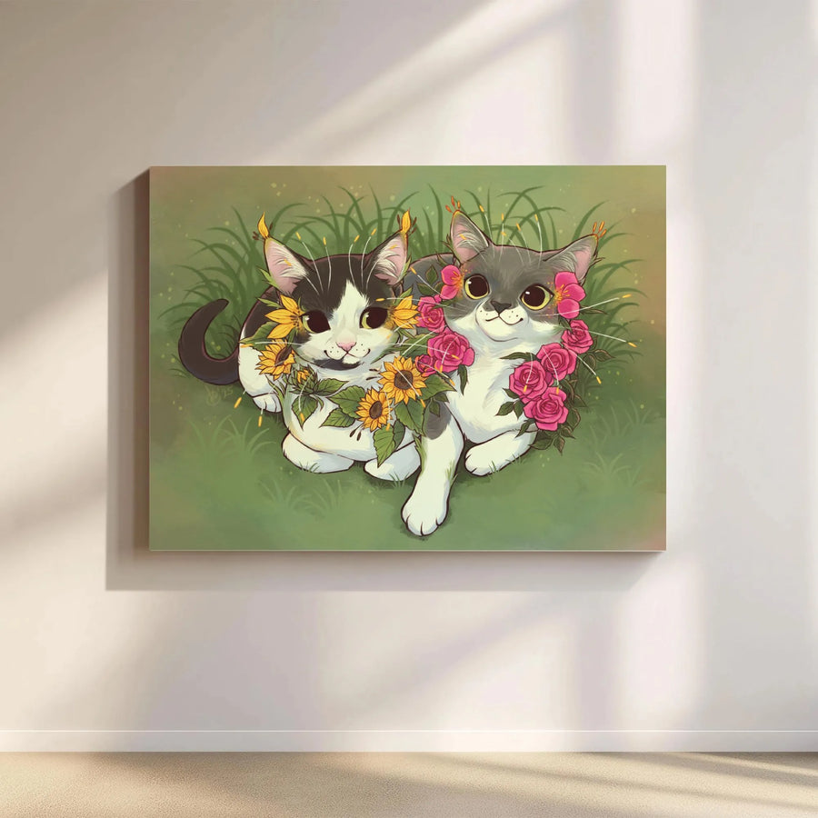 Cute Cat Canvas Wall Art | Kawaii Kittens with Sunflowers and Roses | Premium Gallery Wrapped Print | Gift for Cat Mom, Nursery Decor