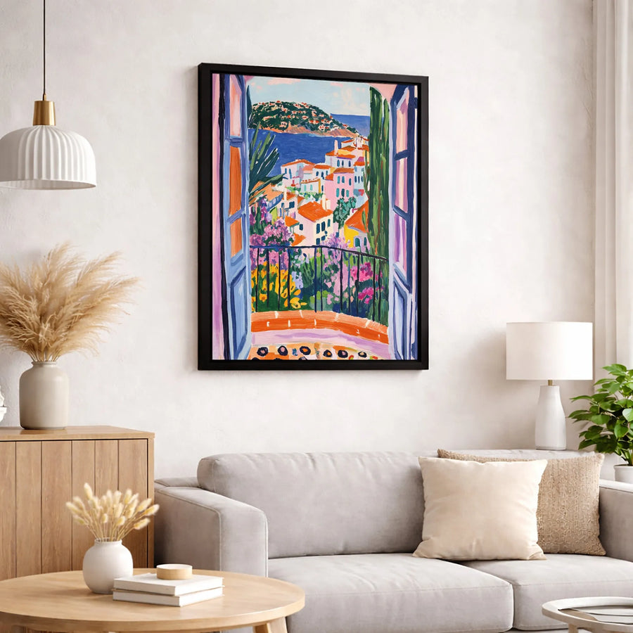 Mediterranean Seaside Window Canvas | Impressionist Coastal Italian Villa Art | Gallery Quality Fade-Resistant Wall Decor | Charming Vacation Home Gift