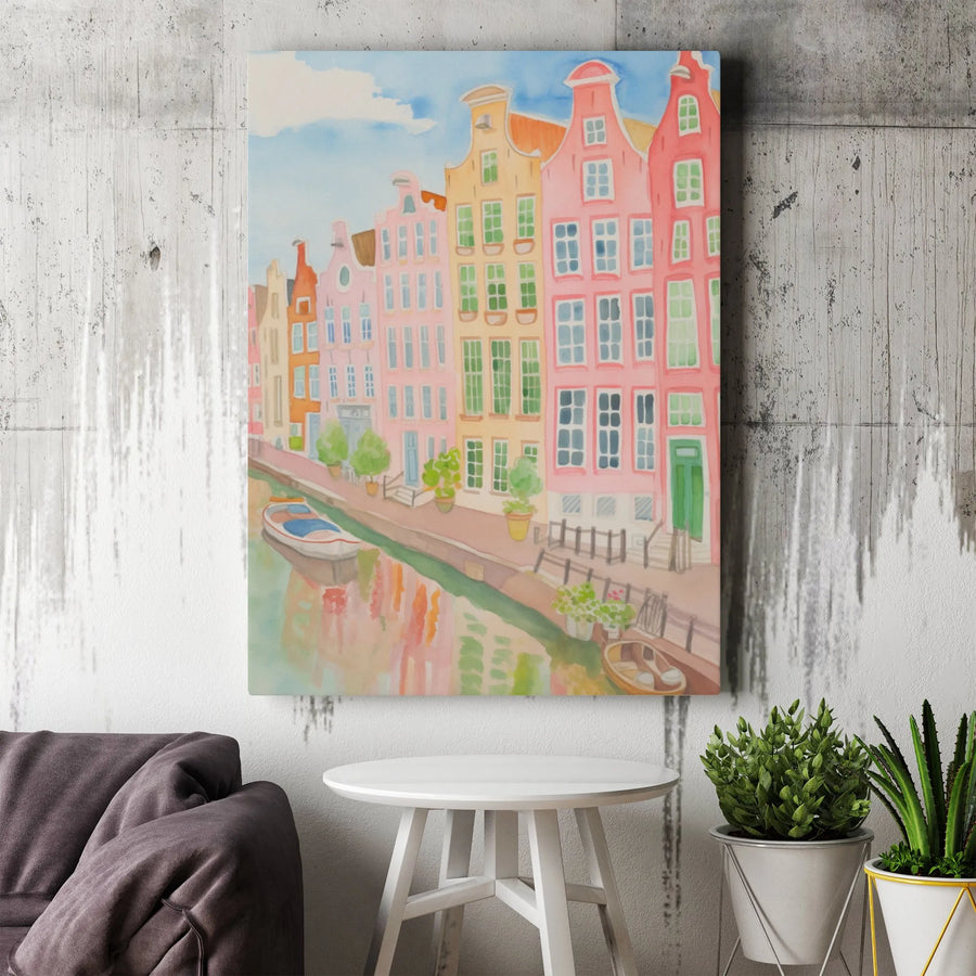 Amsterdam Canal Houses Canvas Art | Watercolor European City Print | Premium Fade-Resistant Wall Decor | Travel Lover Housewarming Gift