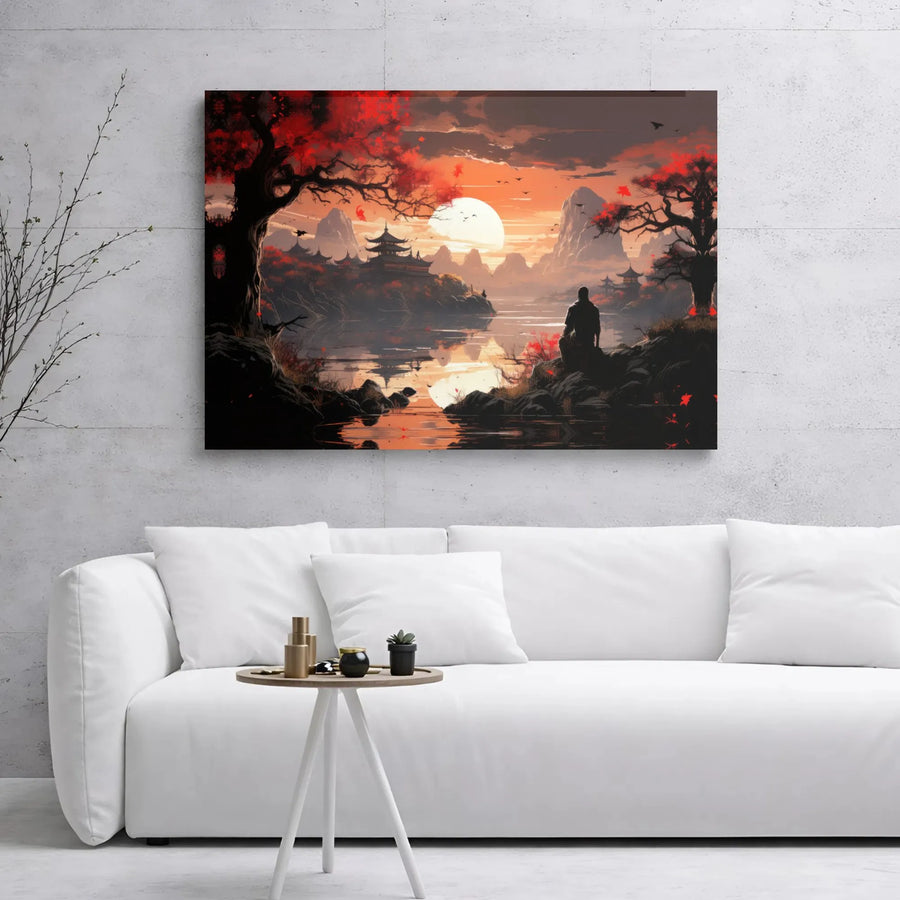 Japanese Zen Garden Canvas Wall Art | Red Maple Tree Meditation Sunset | 1.25-Inch Gallery Wrap Print | Peaceful Home Decor Gift