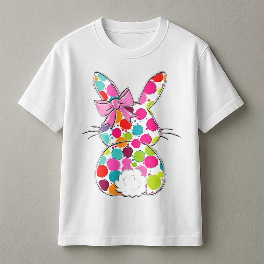 Polka Dot Bunny Easter T-Shirt | Coquette Bow Graphic Tee | Premium Cotton Casual Wear | Cute Spring Outfit Gift For Her Women Teens